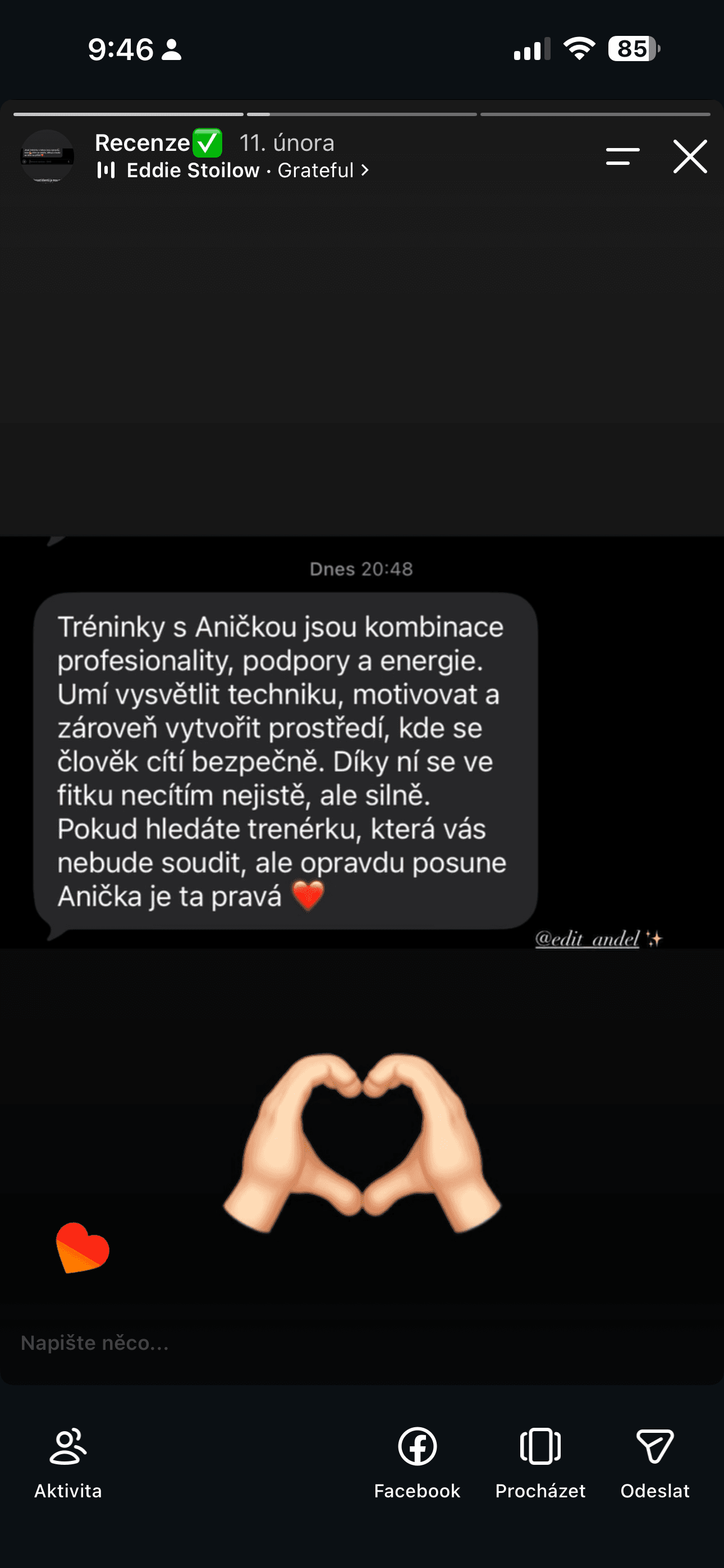 Původní zpráva klientky: Tréninky s Aničkou jsou kombinace profesionality, podpory a energie. Umí vysvětlit techniku, motivovat a zároveň vytvořit prostředí, kde se člověk cítí bezpečně. Díky ní se ve fitku necítím nejistě, ale silně. Pokud hledáte trenérku, která vás nebude soudit, ale opravdu posune, Anička je ta pravá ❤️