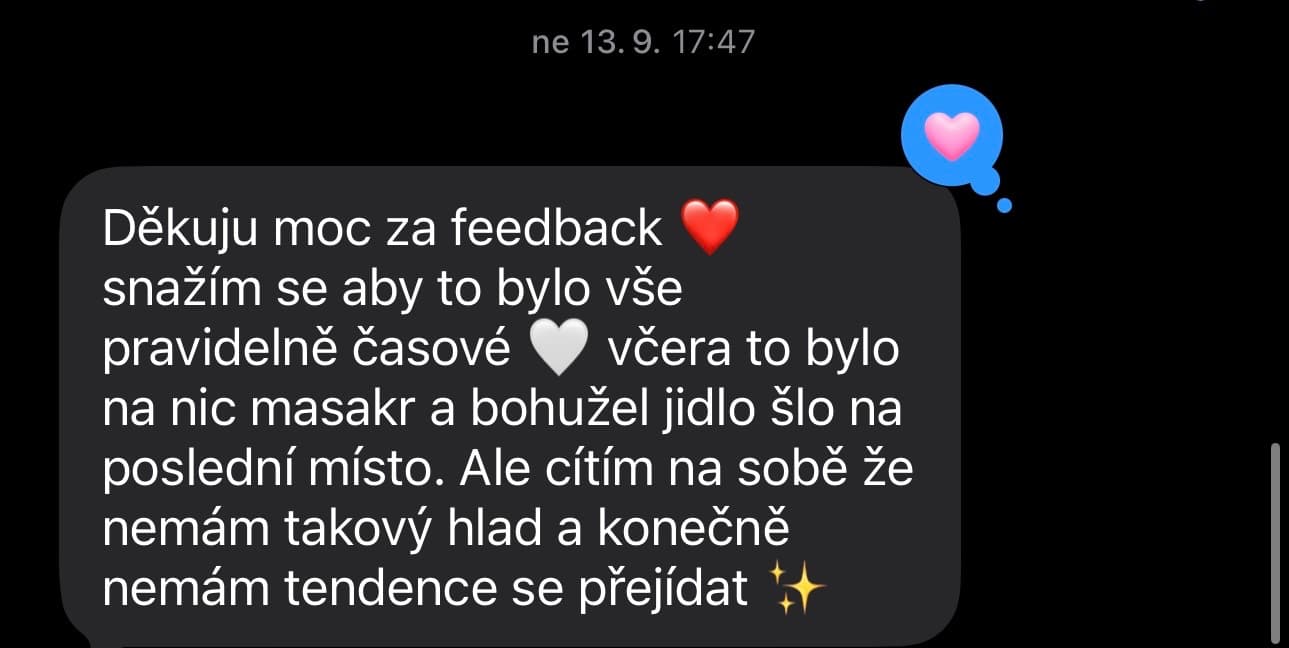 Původní zpráva klientky: Ale cítím na sobě, že nemám takový hlad a konečně nemám tendence se přejídat ✨